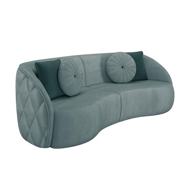 Sofá Decorativo 240cm com Almofadas Redondas Clarke Veludo Azul Turquesa - Gran Belo