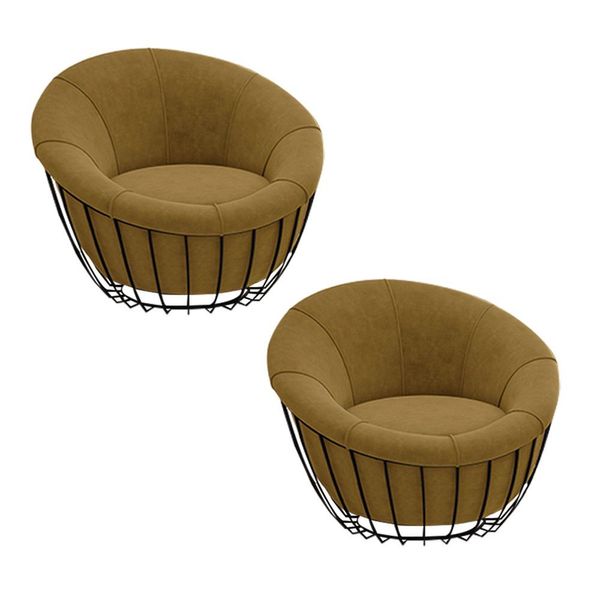 Kit 2 Poltronas Decorativos Base Metal Value Veludo Mostarda - Gran Belo