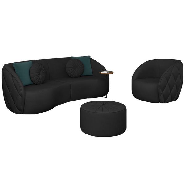 Conjunto Decorativo Sofá 288cm e Poltrona Clarke com Puff Round Pu Preto - Gran Belo