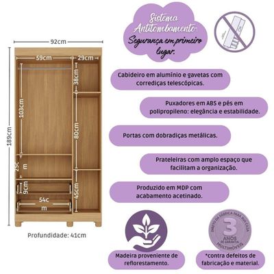 Guarda-roupa Infantil 92cm 3 Portas E 2 Gavetas Allegra Multimóveis Mp4442 Madeirado/off White Madeirado/off White