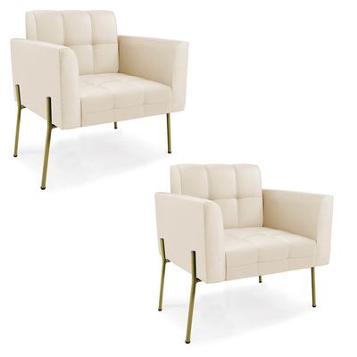 Poltrona Sala Decorativa Kit 2 Elisa Pé Aço Lateral Dourado Sintético PU Bege D03 - D'Rossi