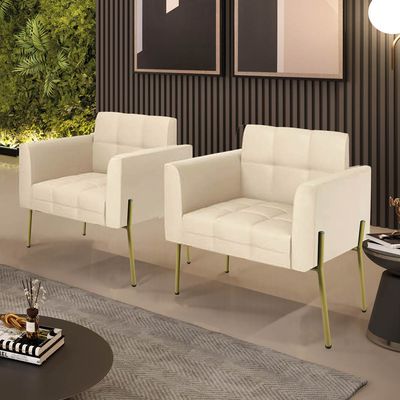 Poltrona Sala Decorativa Kit 2 Elisa Pé Aço Lateral Dourado Sintético PU Bege D03 - D'Rossi