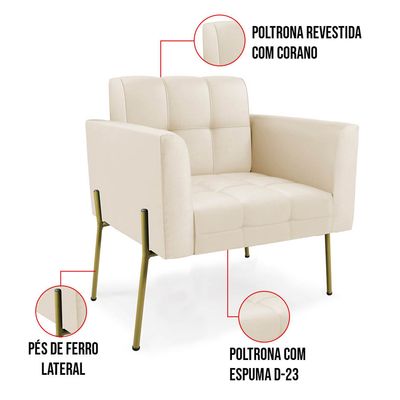 Poltrona Sala Decorativa Kit 2 Elisa Pé Aço Lateral Dourado Sintético PU Bege D03 - D'Rossi
