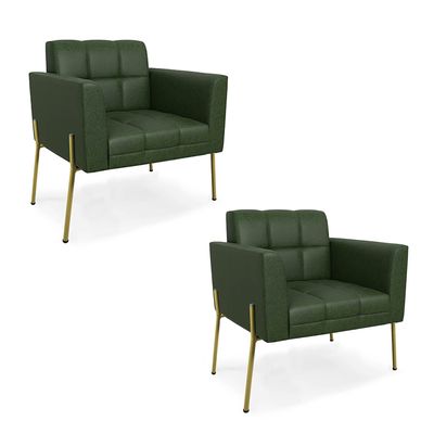 Poltrona Sala Decorativa Kit 2 Elisa Pé Aço Lateral Dourado Sintético PU Verde D03 - D'Rossi