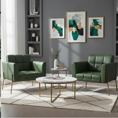 Poltrona Sala Decorativa Kit 2 Elisa Pé Aço Lateral Dourado Sintético PU Verde D03 - D'Rossi