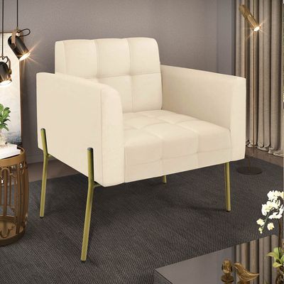 Poltrona Sala Decorativa Elisa Pé de Aço Lateral Dourado Sintético PU Bege D03 - D'Rossi