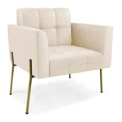 Poltrona Sala Decorativa Elisa Pé de Aço Lateral Dourado Sintético PU Bege D03 - D'Rossi