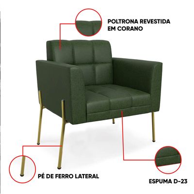 Poltrona Sala Decorativa Elisa Pé de Aço Lateral Dourado Sintético PU Verde D03 - D'Rossi