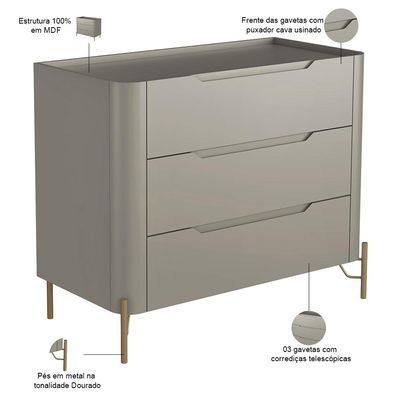 Cômoda Para Quarto Closet Orgânica 3 Gavetas Pés Industrial Dourado Bliss I03 Grigio - Lyam Decor