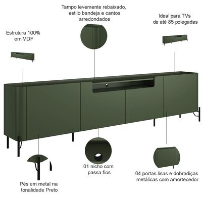 Rack Para Sala de Estar TV 85 Pol 4 Portas Pés Industrial Preto Alef I03 Musgo - Lyam Decor
