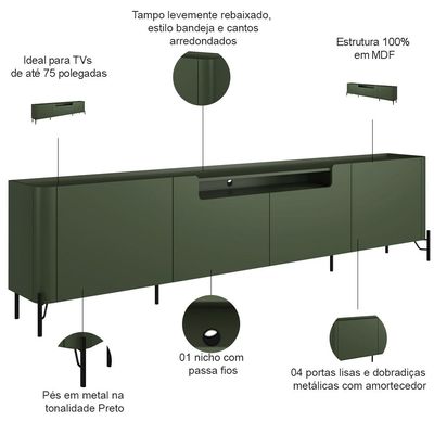 Rack Para Sala de Estar TV 75 Pol 4 Portas Pés Industrial Preto Alef I03 Musgo - Lyam Decor