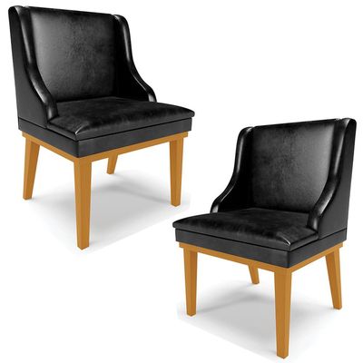 Kit 2 Cadeiras Decorativas Sala de Jantar Base Fixa de Madeira Firenze PU Preto Brilho/Castanho G19 - Gran Belo