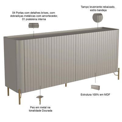 Aparador Buffet Sala de Jantar 4 Portas Brise Pés Industrial Dourado Naim I03 Grigio - Lyam Decor