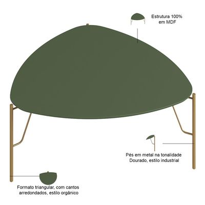 Mesa de Centro Para Sala de Estar Alta Pés Industrial Dourado Alef I03 Musgo - Lyam Decor