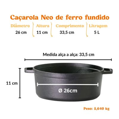 Panela De Ferro Fundido Caçarola NEO Com Alça e Tampa De Ferro 4,6L N° 26 Santana