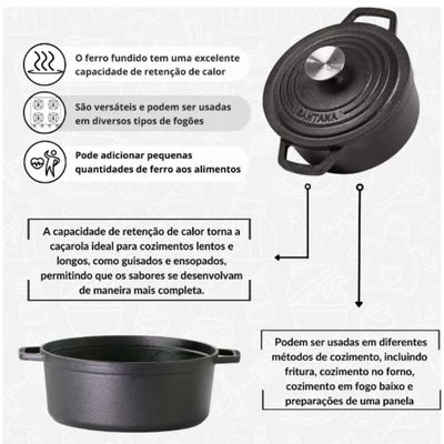 Panela De Ferro Fundido Caçarola NEO Com Alça e Tampa De Ferro 4,6L N° 26 Santana