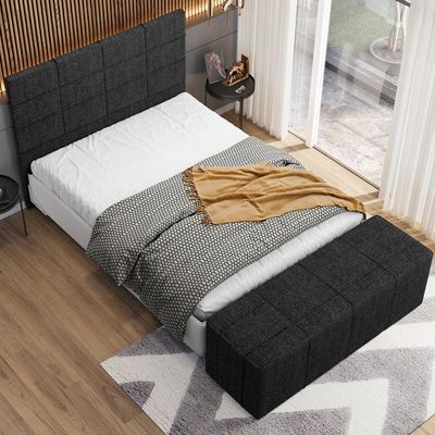 Kit Cabeceira Cama Box King 195cm com Calçadeira Roma W01 Linho Chumbo - Lyam