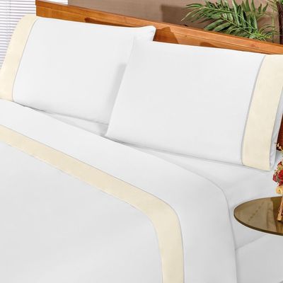 Jogo De Cama Lençol Queen Elegance Exclusivo180 Fios 80% Algodão 04 Peças - Branco E Palha