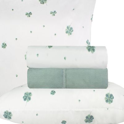 Jogo de Cama Duplo Casal 4 Peças Percal 180 Fios Trevo da Sorte Sonhare Prata