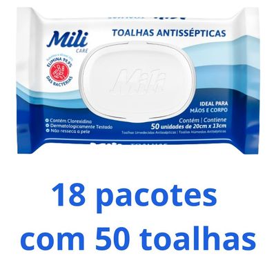 Toalhas Antissépticas Mili 18 pacotes c/ 50 (total: 900 toalhas)-sem álcool