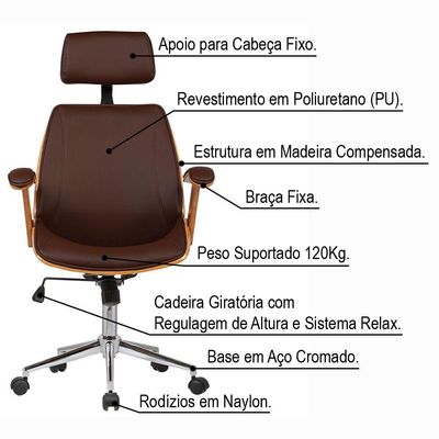Kit 02 Cadeiras de Escritório Presidente Giratória com Regulagem de Altura Akon PU Sintético Marrom - Gran Belo