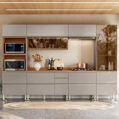 Cozinha Modulada Proença 6 Peças Com Cristaleira E Balcão 80cm Nogueira Touch/Nude Prime Tx - Demartêz