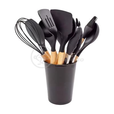 Kit 12 Peças Conjunto De Cozinha Utensílios De Silícone Com Espatulas Pincel Batedor Manual - Preto