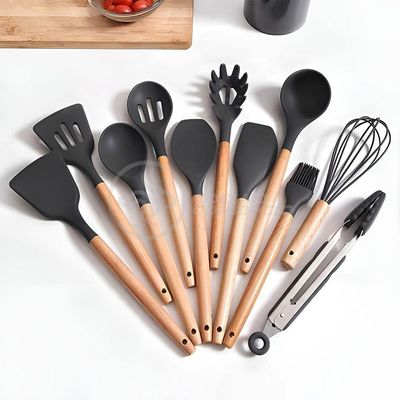 Kit 12 Peças Conjunto De Cozinha Utensílios De Silícone Com Espatulas Pincel Batedor Manual - Preto