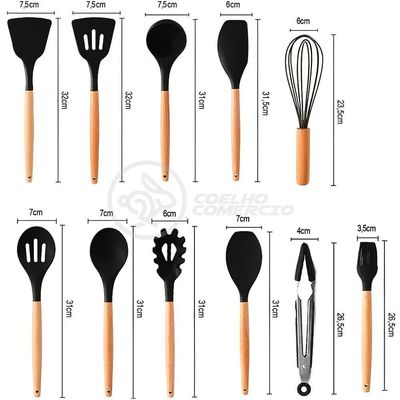 Kit 12 Peças Conjunto De Cozinha Utensílios De Silícone Com Espatulas Pincel Batedor Manual - Preto