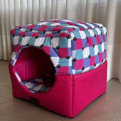 Cama Para Cachorro Toca Quadrada Em Corino + Poliéster Rosa E Lilás Média (m) 40 X 40 X 40 Cm
