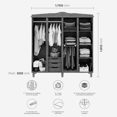 Guarda-roupa 4 Portas 3 Gavetas Brasil Freijó Madeira Pinus - Cavazotto