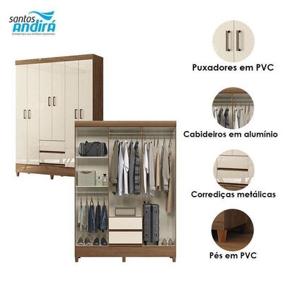 Guarda Roupa Casal 6 Portas Com Pés Fit Jequitibá Off Acetinado - Santos Andirá