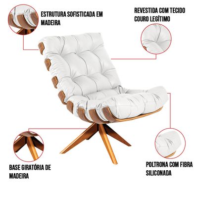 Poltrona Giratória Costela Couro Branco Base de Madeira MM30 M11 - D'Rossi