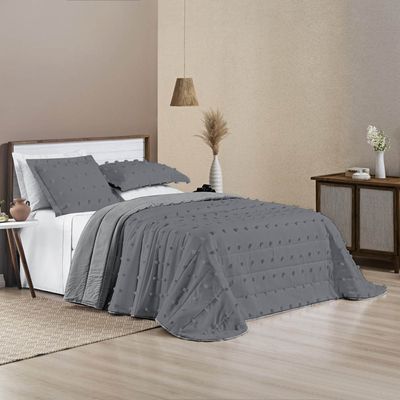 Kit Cobre Leito Colcha Sofist Padrão 3 Peças MicroPercal 300 Fios Detalhado Bolinhas - Cinza