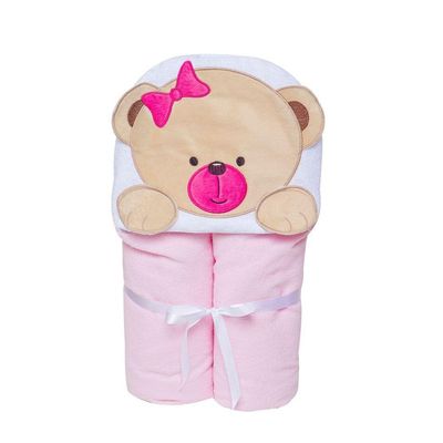 Toalha De Banho Sem Forro Urso Rosa Com Capuz Papi