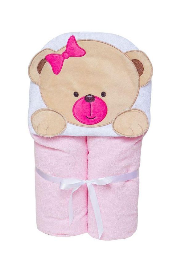 Toalha De Banho Sem Forro Urso Rosa Com Capuz Papi