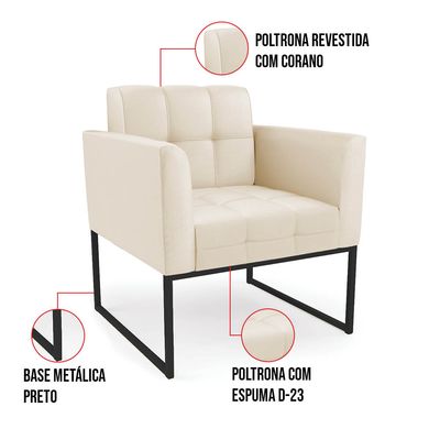 Poltrona Sala Decorativa Kit 2 Elisa Base Industrial Preta Sintético PU Bege D03 - D'Rossi
