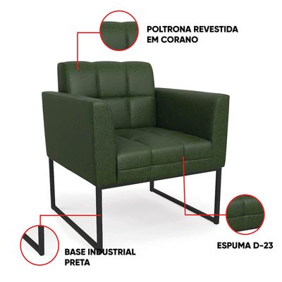 Poltrona Sala Decorativa Kit 2 Elisa Base Industrial Preta Sintético PU Verde D03 - D'Rossi
