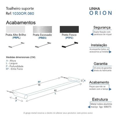 Porta Toalha Toalheiro De Rosto Para Banheiro Escovado Orion 60cm