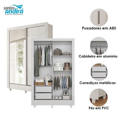 Guarda Roupa Belgica 2 Portas De Correr Com Espelho Branco Brilho - Santos Andirá