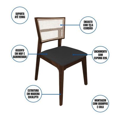 Kit 4 Cadeiras De Jantar Tela Premium Madeira Maciça Manuela Preto Facto Mel