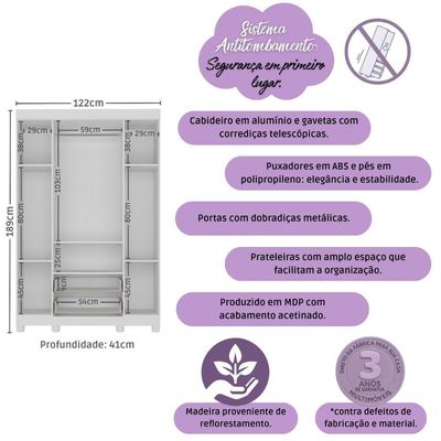 Guarda-roupa Infantil 122cm 4 Portas E 2 Gavetas Allegra Multimóveis Mp4443 Branco Branco