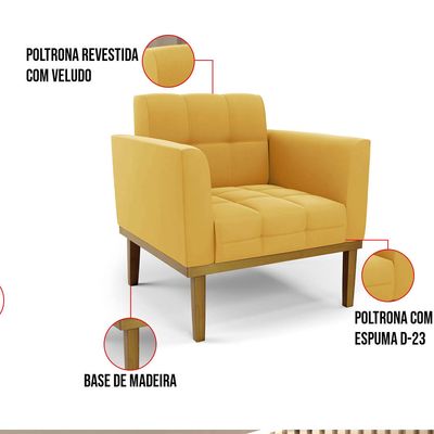 Poltrona Sala Decorativa Kit 2 Elisa Base Madeira Castanho Veludo Mostarda D03 - D'Rossi