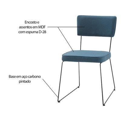 Kit 3 Cadeiras de Jantar Decorativa Base Aço Preto Luigi Linho Azul Jeans - Gran Belo