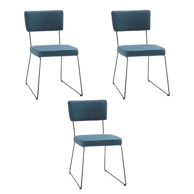 Kit 3 Cadeiras de Jantar Decorativa Base Aço Preto Luigi Linho Azul Jeans - Gran Belo