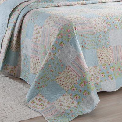 Kit Cobre Leito Colcha Daily Queen 3 Peças Dupla Face Estampado Floral - Patchwork Azul 10