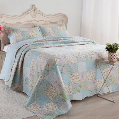 Kit Cobre Leito Colcha Daily Queen 3 Peças Dupla Face Estampado Floral - Patchwork Azul 10