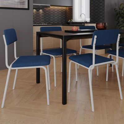 Kit 04 Cadeiras Estofada Para Sala de Jantar Sense Branco C01 Linho Azul Escuro - Lyam Decor