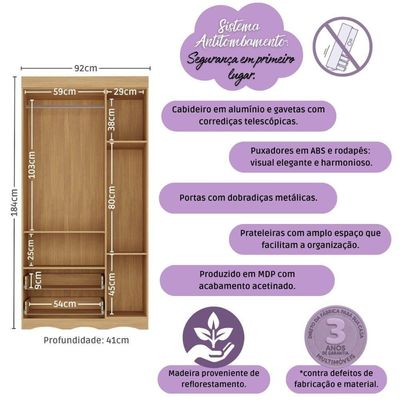 Guarda-roupa Infantil 92cm 3 Portas E 2 Gavetas Realeza Multimóveis Mp4452 Madeirado Madeirado