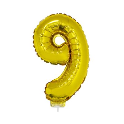 Balão Metalizado 16" Funny Número 9 Dourado com Suporte